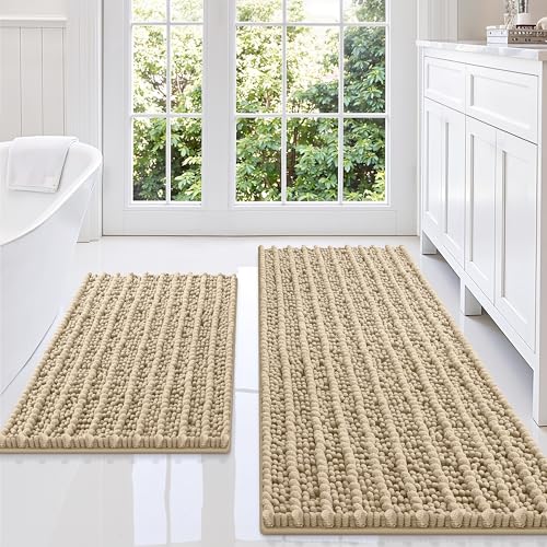 Smiry Bathroom Rugs Sets 2 Piece, Soft Absorbent, Non Slip Rubber Backing Machine Washable Quick Dry Chenille Bath Rug Set for Tub, Shower, and Floor (47" x 20" Plus 24" x 16", Beige)