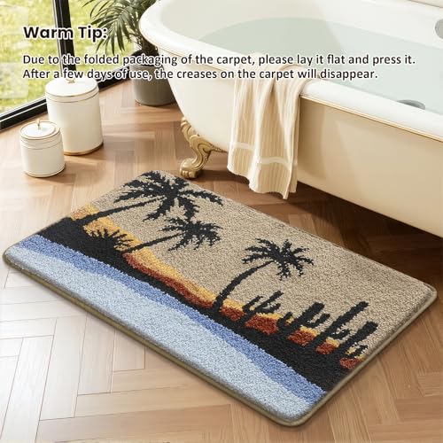 Bathroom Rug Mat, Beach Sunset Fluffy Rug with Palm Tree & Cactus Silhouette, Ultra Absorbent Microfiber Shaggy Door Mat, Quick Dry Bath Rug Carpet for Toilet Bathtub Bedroom 20x31 Inch - color: Blue