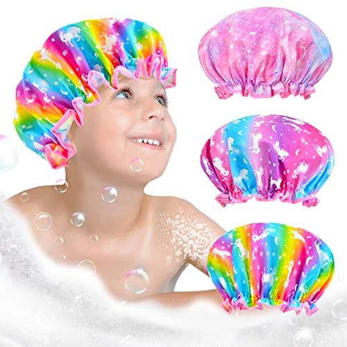Olypegic Kids Shower Cap, 3 Pcs Girls Shower Cap for Kids Reusable Waterproof Adjustable Large Hair Cap Unicorn Mermaid Rainbow Cute Hair Cover Hat - color: Rainbow