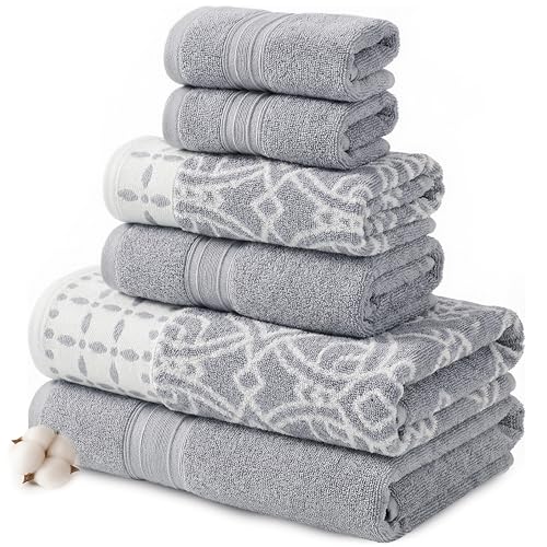 Modern Threads Monroe 6-Piece 100% Cotton Towel Set – Reversible Yarn Dyed Jacquard & Solid – Includes 2 Bath Towels, 2 Hand Towels, 2 Washcloths – Absorbent, Quick Dry, Soft & Durable – Stone - color: Stone, style: Modern