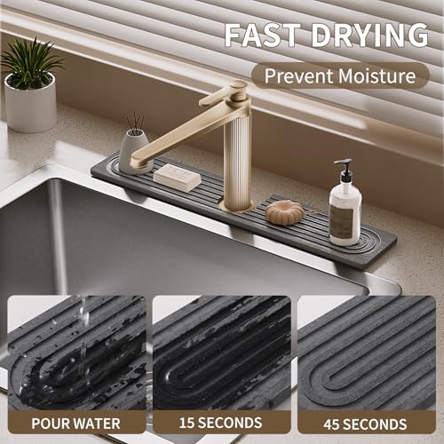 Faucet Mat for Kitchen Sink, Diatomite Stone Drying Sink Protectors, Bathroom Faucet Splash Guard, Quick Dry Water Absorbing, Non-Slip Stone Tray for Kitchen Counter, Grey, 20" x 3.9" - color: Grey, size: 20" x 3.9"