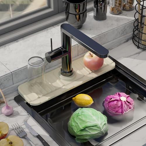 Sink Splash Guard, Sink Organizer Faucet Handle Drip Catcher Mat for Home & Kitchen Sponge Holder for Kitchen Sink Silicone Mats for Kitchen Counter (12.6''x4.0'' White)