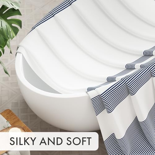 AmazerBath Navy Blue Shower Curtain, Blue and White Striped Bathroom Shower Curtain with 12 Shower Curtain Hooks, Rustic Fabric Blue and White, 72x72 Inches - color: A- Blue Stripe +12 Metal Hooks, size: 72"W x 72"L (Pack of 1)