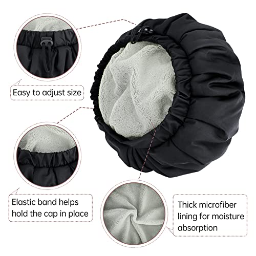 Luxury Shower Cap for Women, Waterproof Reusable Shower Caps Double Layers Microfiber Terry Lined with Dry Hair Function, Extra Large for Long Hair, Adjustable for Most Heads Size