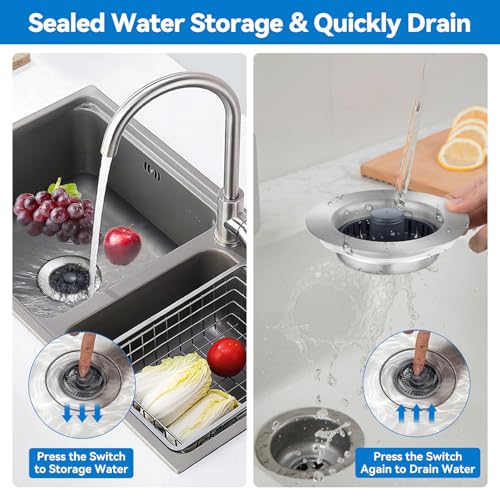 Upgraded 3-in-1 Kitchen Sink Drain Strainer, Stainless Steel Pop Up Kitchen Sink Stopper, Drain Plug for 3.5 Inch Sink Drain Hole, with Anti-Clogging Sink Strainer Basket Filter, Brushed Silver