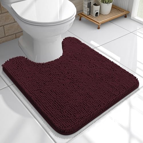 OLANLY Toilet Rugs U-Shaped 20x20, Extra Soft Absorbent Chenille Contour Bathroom Rugs for Toilet, Dry Quickly, Machine Washable, Non-Slip Bath Mat, Black Cherry - color: Black Cherry, size: 20" X 20" Contour Rug