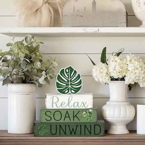 Cinnvoice 4 Pcs Tropical Palm Leaves Bathroom Decor Farmhouse Bathroom Decoration Relax Soak Unwind Table Centerpiece Gift for Christmas Valentines Back to School - style: Tropical Relax Soak Unwind