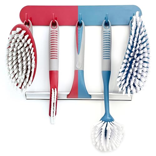Scrub Brush Set of 6 pcs - Red or Blue Randomly Color, Cleaning Shower Scrubbers with Squeegee for Shower Glass & Adhesive Wall Hooks Including Grout Cleaner Brush for Cleaning Bathroom, Tile - color: Red Or Blue Randomly, Set of 6