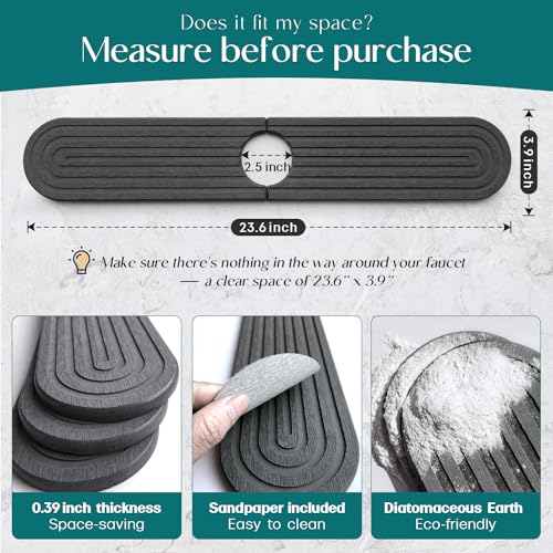 Diatomite Sink Splash Guard - DryingNeat Kitchen Faucet Mat, Instant Dry Water Absorbing Stone Tray for Sink, Durable Black Protector for Kitchen Bathroom Counter [Dark Grey, 23.6"x 3.9"] - color: Dark Gray, size: 23.6" x 3.9"