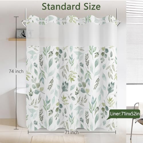 No Hook Shower Curtain with Snap in Fabric Liner Set, Waterproof & Washable, Boho Green Botanical Leaf Floral Shower Curtains for Bathroom, Rustic Modern Hotel Style Plant Bathroom Curtain, 71x74 inch - color: Green Foliage