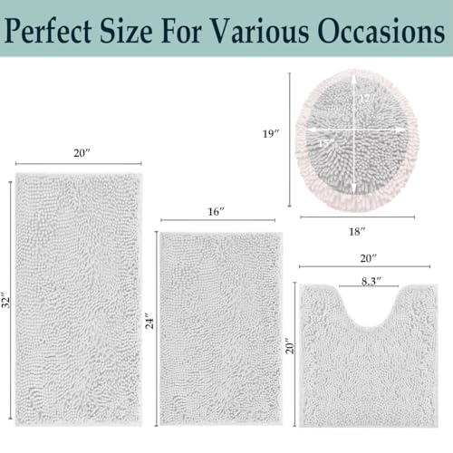 Bathroom Rugs Sets 4 Piece, Extra Soft Absorbent Chenille Bath Rugs, Non Slip Rubber Backing Machine Washable Quick Dry Bath Mats for Bathroom Floor, Tub, Shower, Home Decor Accessories, White - color: White
