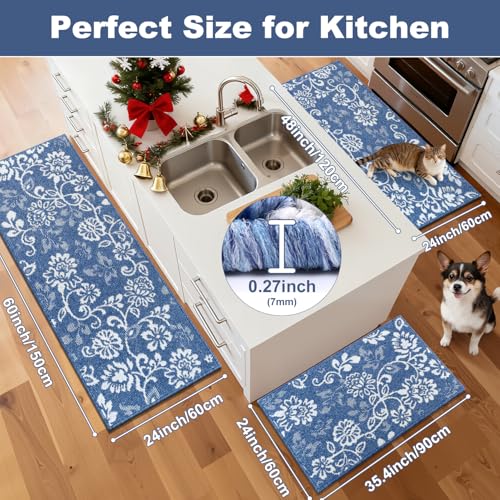 LOKHOM Boho Kitchen Rugs Sets of 3, Non Slip High-Low Textured Kitchen Mats for Floor with Rubber Backing, Paisley Floral Washable Carpet Runner for Hallways Entryway Laundry Sink (Denim Blue & White) - color: Denim Blue, size: 24"x35"+24"x48"+24"x60"
