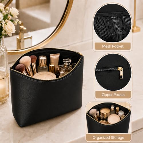 3PCS PU Leather Makeup Bag, Large Travel Cosmetic Pouch, Cute Toiletry Organizer for Women, Black - color: Black-3pc