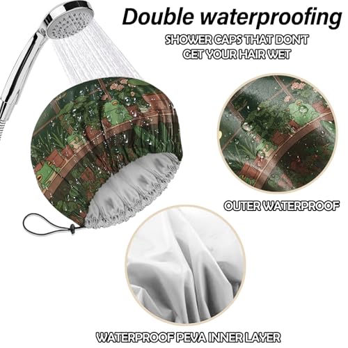 2 PCS Shower Cap Reusable Waterproof Double Layers Hair Caps Shower Bath Adjustable Elastic Hat for Women Girls Cute Aesthetic-Leaf Frog - color: AI20-Leaf Frog