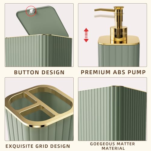 XLHOMO Bathroom Set - 26PC Bathroom Set with Shower Curtain and Rugs, Bathroom Accessory Set, Sage Green Bathroom Accessories Set, Trash Can & Soap Dispenser - style: Sage Green&Gold