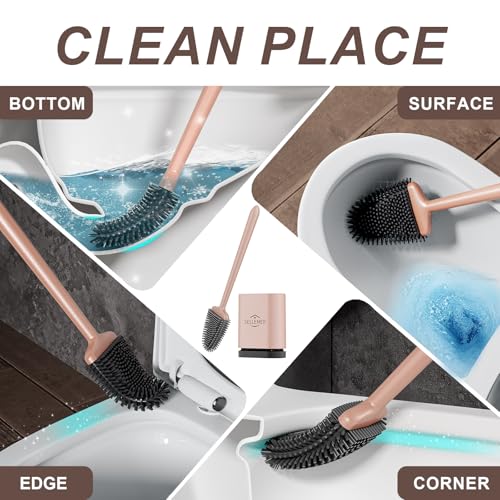 Sellemer Toilet Brush and Holder Set - Flexible Toilet Bowl Brush Head with Silicone Bristles, Compact Size for Storage and Organization, Ventilation Slots Base (1 Pack, Rose Gold) - color: Rose Gold