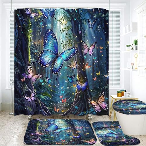 DDQQ 4 Pcs Blue Butterfly Shower Curtain Set with Non-Slip Rug, Green Plant Colorful Butterflies Bath Mat and Toilet Rugs, Forest Shower Curtain for Bathroom Set Decor - color: Dark Blue