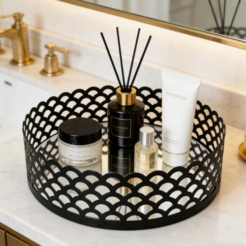 Black Metal Decorative Tray with Mirror Base - Round Vanity Tray for Makeup Brushes, Jewelry, Perfume, and Home Décor(7.3”X2”) - size: 7.3"