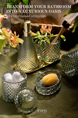 EMPO 5Pcs Diamond Glass Bathroom Accessories Complete Set, Triangle Vintage Lotion Dispenser, Soap Dish, Toothbrush Holder, Tumbler, Cotton Swab Jars, Modern Decor, Housewarming Gift Set (Oliva Green) - style: Diamond Oliva Green Set