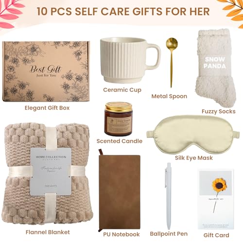 Birthday Gifts for Women, Personalized Self Care Gift Basket with 50"x60" Flannel Blanket, Spa Gift Set for Mom, Sister, Friend, Wife, Coworker, Thinking of You Care Package - color: Khaki-10 Pc