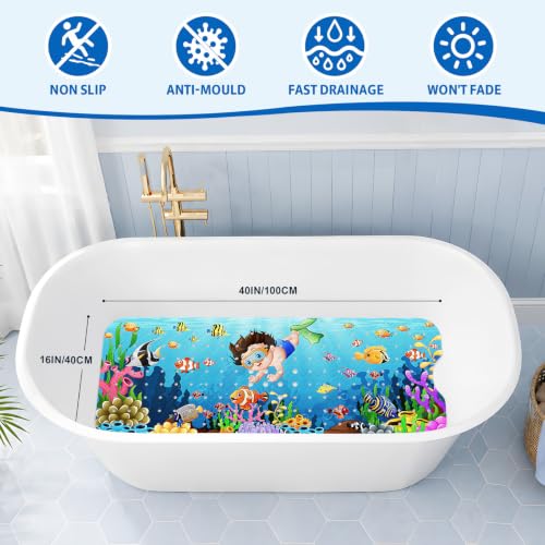XIYUNTE Baby Bath Mat for Tub Non Slip Kids Bath Mat - 40''x16'' Extra Long Cartoon Bathtub Mat Non Slip Kids Shower Mat Eco-Friendly Toddler Bath Mats with Suction Cups, Machine Washable - color: E-child