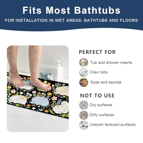 XIYUNTE Baby Bath Mat for Tub Non Slip Kids, BPA Free Extra Long Bathtub Mat 40x16 with Drain Holes and 200 Suction Cups, Non Toxic Machine Washable Toddler Bath Mat, Eco-Friendly Certified - color: Black Elephant