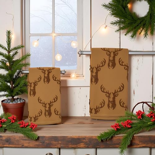 2 Pack Christmas Reindeer Hand Towels 100% Cotton Jacquard Holiday Kitchen Dish Towels Retro Neutral Brown Bathroom Towels Set Gift Seasonal Xmas Winter Bathroom Decor(Brown Reindeer) - color: Brown Reindeer