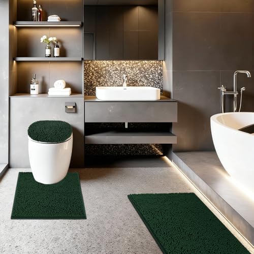 Bathroom Rugs Sets 3 Piece with Adjustable Toilet Seat Cover 19.5"x 18.5" Machine Washable Bath Rug Set with TPR Non Slip Rubber Backing Solid Bath Mat Set for Luxury Bathroom Decoration - color: Dark Green