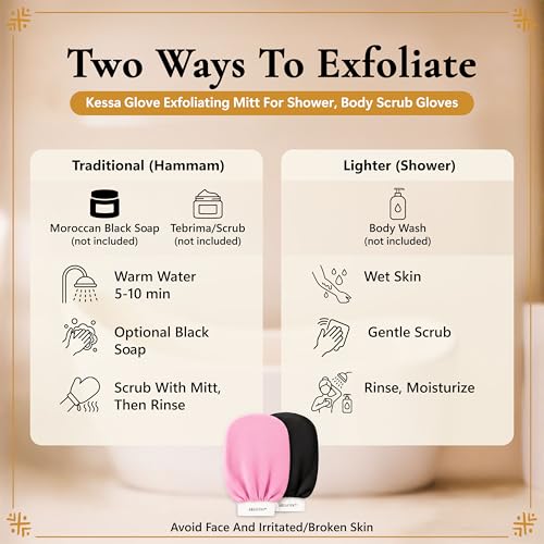 Moroccan Exfoliating Glove for Shower - Kessa Hammam Body Scrub Gloves, Exfoliating Mitt, Bath Mitt - Couple's Spa Set, 2 Pack His and Hers, Pink and Black