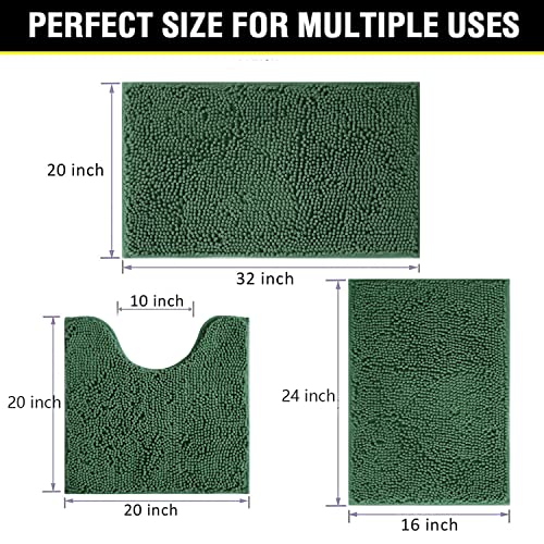 Green Bathroom Rug Chenille 3-Piece Extra Soft and Absorbent Shag Bath Mat Set, Machine Wash Bathroom Rug Set, Strong PVC Non-Slip Underside, Plush Carpet Bath Mat (Dark Green) - color: Dark Green, size: 2'8" x 1'8" (16x24"+20x32"+20x20"U shape）