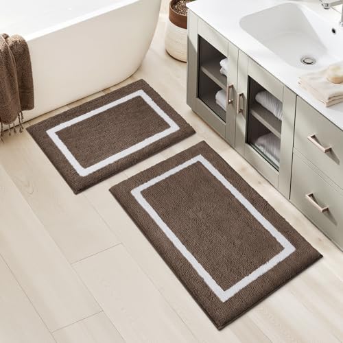 HOMEIDEAS Brown Bathroom Rugs, 2 Piece Super Soft and Absorbent Microfiber Tufted Bath Mats, Non-Slip and Machine Washable Bath Rugs - color: Brown