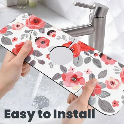 Kitchen Sink Splash Guard Faucet Mat, Flowers Red Pink Diatom Mud Absorbent Draining Mat For Kitchen Sink Bathroom - color: Flowers Red Pink, size: One Size