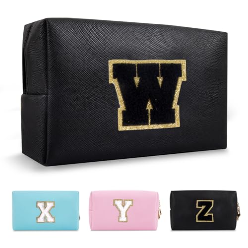 Personalized Initial A-Z Preppy Patch Makeup Bag,Small PU Chenille Letter Cosmetic Bag with Zipper for Teen Girls,Black Cute Toiletry Organizer Bag,Monogram Makeup Case Gift for Women Girls,Letter W - color: Black,Black-Letter, size: W
