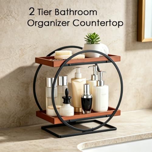 2-Tier Bathroom Counter Organizer, Wooden Perfume Organizer for Dresser, Bamboo Countertop Trays for Skincare Makeup Vanity Shelf, Organizers and Storage for Bathroom Kitchen, Black & Brown - color: Black and Wood