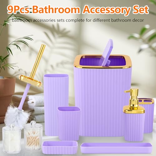 Bathroom Accessory Set,9 Pieces Purple Bathroom Accessories Set with Trash Can, Toothbrush Holder, Soap Dispenser, Toothbrush Cup, Vanity Tray, Soap Dish, Toilet Brush, Qtip Holder - color: Purple