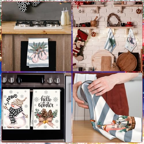 Sratte 6 Pcs Christmas Kitchen Towels Winter Dish Towels Absorbent Gray Strip Reindeer Snowmen Hand Towel Snowflake Gloves Decorative Xmas Tea Towel Decor Cozy Winter Decor for Kitchen Bathroom Gift - color: Beige, Gray, size: Cozy Winter