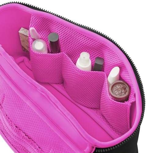 KUSSHI Neoprene Train Case Makeup Bag - Washable Makeup Travel Bag & Vanity Case for Stress Free Travel (Large, Black/Pink) - color: Black/Pink, size: Large