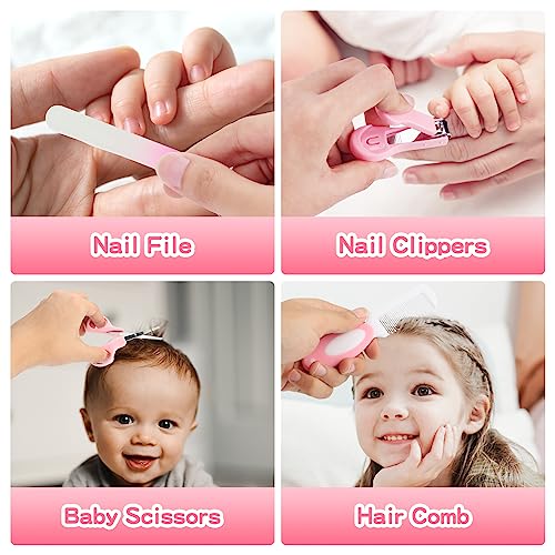 Baby Healthcare and Grooming Kit, 21 in 1 Portable Baby Essentials Kit with Gas Relief Hair Brush Comb Nasal Aspirator for Newborn Boys Girls (Pink) - style: 21 Kits-Pink