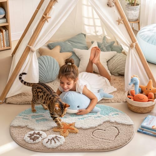 LUMI 2 Piece Beach Bathroom Rugs Set, Non Slip Bath Mat Ultra Soft Washable Absorbent Quick Dry, Ocean Sea Theme Bath Rug with Starfish Shell for Shower Floor, Kitchen Decor, Kids Room, 22"x34" - color: Azure Bay, size: 22" x 34" + 22" x 34"