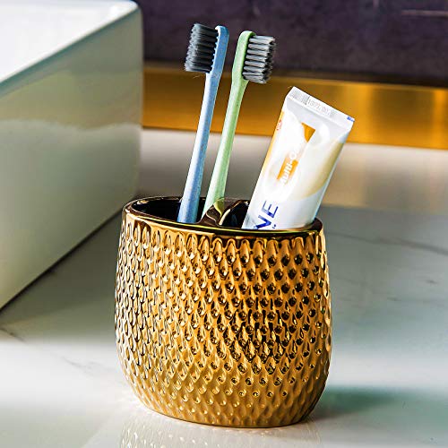 Gold Bathroom Accessory Set 4 Piece Ceramic Bath Accessories Sets Complete, Rain- Drop Shaped Bathroom Essential with Toothbrush Holder & Dish, Tumbler, Soap Dispenser Set for Bath Decor - color: Gold01