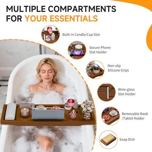 Foldable Bathtub Caddy Tray, Bamboo Bath Tub Tray Table for Tub with Wine Glass Holder Book Phone Tablet Holder with Extending Sides, Adjustable Bathroom Bathtub Free Soap Holder Gift Idea (Walnut) - color: Walnut