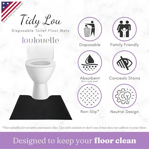 Tidy Lou Disposable Toilet Mats for a Hygienic & Stress-Free Home Bathroom Experience - Great for Children & Adults - Conceals Stains (Black), Absorbent, Non-Slip, U-Shape, Catches Dust/Hair - 25 Pack