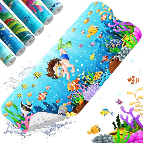 XIYUNTE Baby Bath Mat for Tub Non Slip Kids Bath Mat - 40''x16'' Extra Long Cartoon Bathtub Mat Non Slip Kids Shower Mat Eco-Friendly Toddler Bath Mats with Suction Cups, Machine Washable - color: E-child