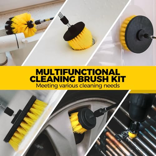 Holikme 30Pack Drill Brush Attachments Set,Scrub Pads & Sponge, Power Scrubber Brush with Extend Long Attachment All Purpose Clean for Grout, Tiles, Sinks, Car Polishing Pads,Bristle Discs - color: Yellow