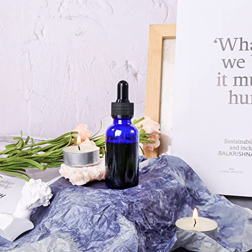 48 Pack 1oz Cobalt Blue Glass Bottles with Glass Eye Droppers for Essential Oils, Perfumes & Lab Chemicals (Brush, Funnels, 2 Extra Droppers, 54 Pieces Labels & 30ml Measuring Cup Included) - color: Cobalt Blue-48pack