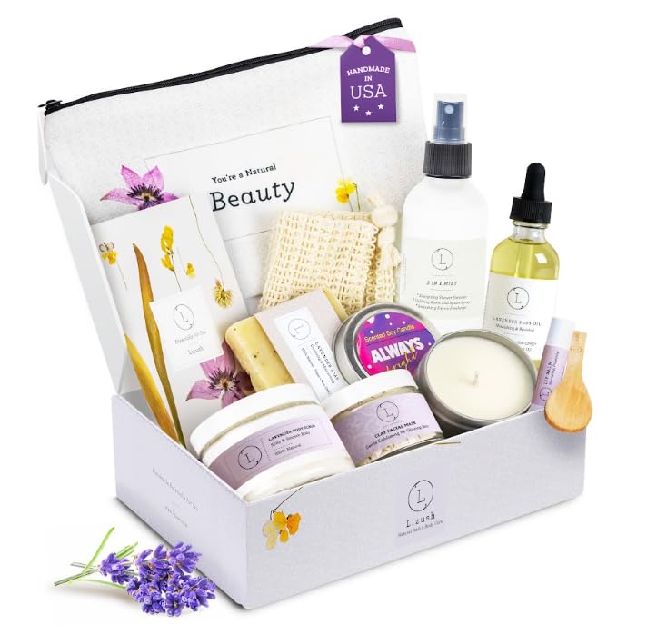 Lizush Luxury Spa Gifts for Women - 9 Piece Lavender Gifts for Her, Gift Baskets, Body Care Set for Mom, Birthday Box For Women, Self Care Spa Kit For Wife - Handmade in the USA - size: Lavender 9 Piece