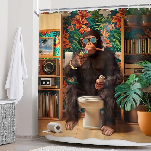 Newsely Funny Monkey Shower Curtain 60Wx72L Inch Chimpanzee Fun Animal Wildlife Tropical Leaves Plant Modern Cool Hilarious Bathroom Set Boys Men Waterproof Bath Decoration Accessories Home Decor - color: K-monkey, size: 60"W x 72"L (Pack of 1)