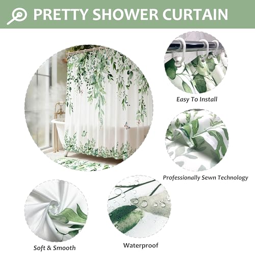 16 Pcs Sage Green Eucalyptus Shower Curtain Set with Rugs, Botanical Leaf Bath Curtains and Quick Absorbent Foam Mats, 120GSM Heavy-Weight Fabric Curtain with 12 Metal Hooks, 72x72 Inch - color: Green
