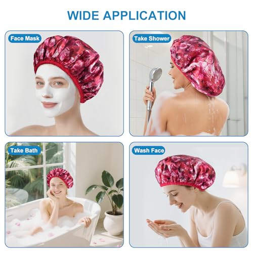 Upgraded Waterproof Terry Shower Cap, Reusable Shower Cap for Women with Long Hair, Soft Absorbent Hair-Protecting Towel Lining Bath Cap, Large Leak-Proof Hair Cap with Fashionable Print Outer - Red - color: Red