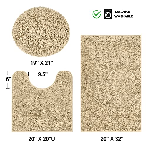 TREETONE Chenille Bath Mat 3 Pieces Bathroom Rugs Set, 20x20 Inches U-Shape Contoured Toilet Mat & 20x32 Inches Rug & Lid Cover,Water Absorbent Plush Rugs for Tub Shower & Bath Room -Beige - color: Beige, size: Set of 3-Medium 20" x 30"/Contour/Lid Cover
